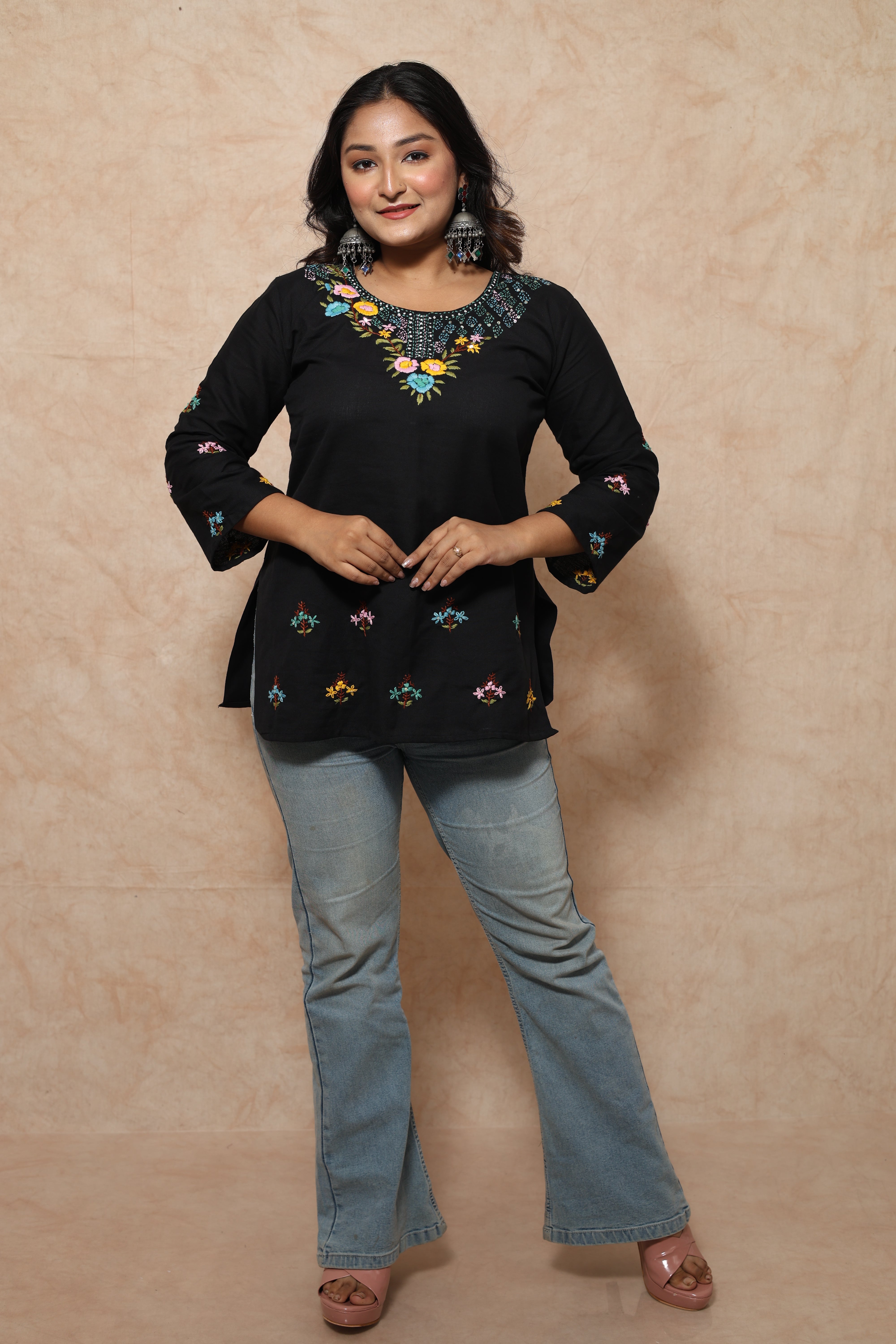 Black Cotton Hand Embroidery Women's Kurti